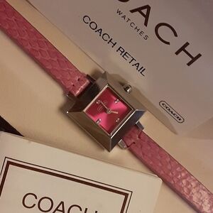 c2006 COACH LADIES WATCH Pink & Silver w/Crystals WORKING Quartz 8" Org Box